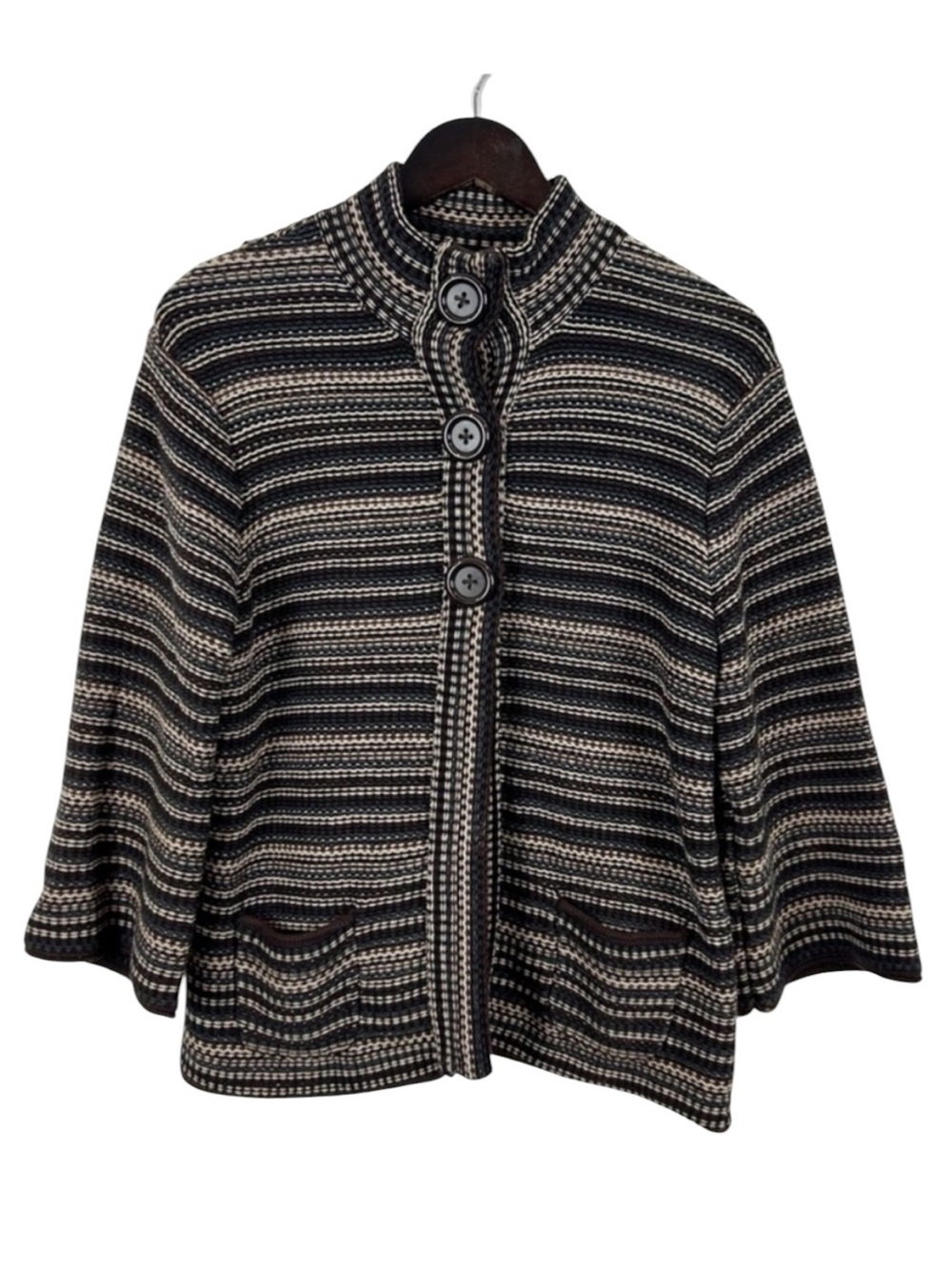 croft & barrow Black and Cream Striped Button-Up Knit Cardigan Size Large
